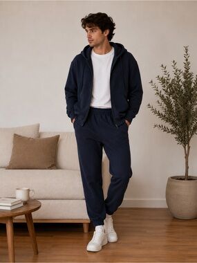 Pacts Unisex Sets Navy Jogger Pants -Hoodie Zip Jackets. XL